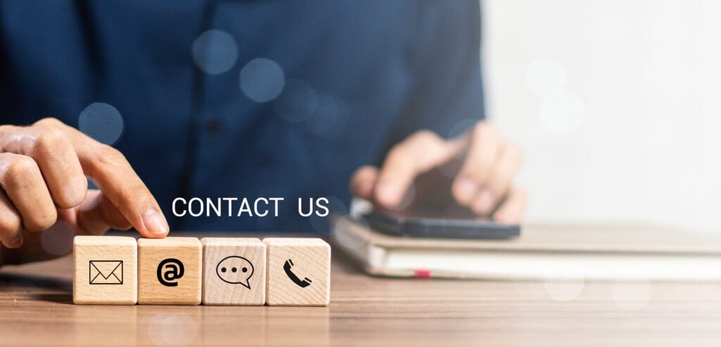 website page contact us or e mail marketing concept, customer support hotline contact us people connection. banner with copy space. cube wood with email, call phone, address, chat message icons.
